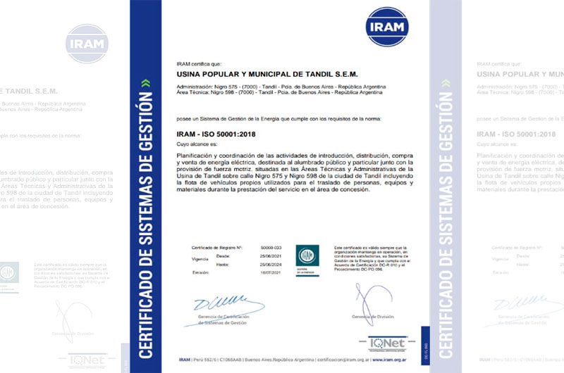 La Usina de Tandil certificó nueva norma de gestión por su eficiencia energética